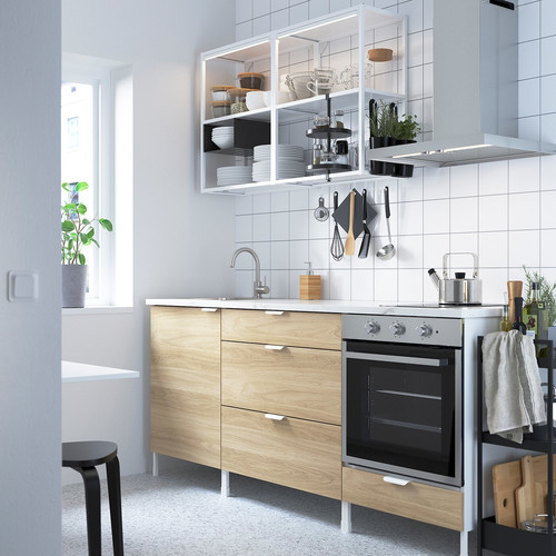 ENHET Kitchen, white, oak effect, 203x63.5x222 cm