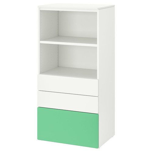 SMÅSTAD / PLATSA Bookcase, white green/with 3 drawers, 60x42x123 cm