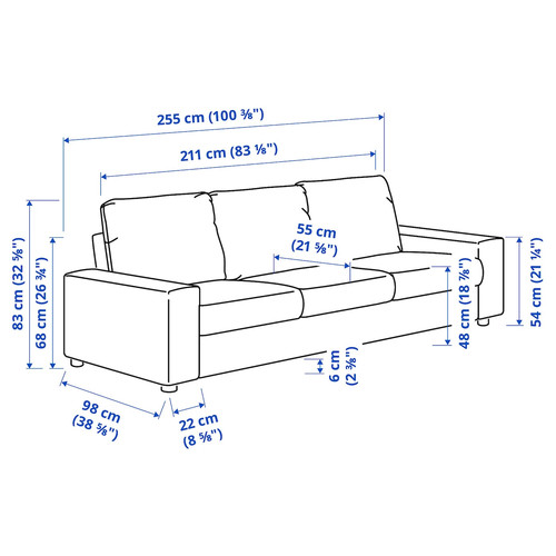 VIMLE 3-seat sofa, with wide armrests/Hallarp grey