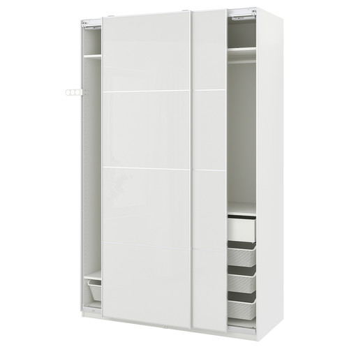 PAX / HOKKSUND Wardrobe combination, white/high-gloss light grey, 150x66x236 cm