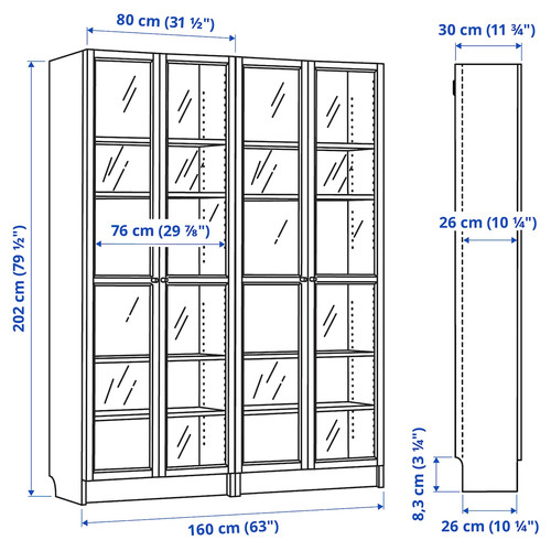 BILLY / OXBERG Bookcase comb w glass doors, oak effect, 160x202 cm