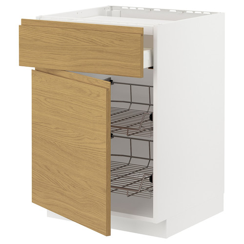 METOD / MAXIMERA Base cab f hob/drawer/2 wire bskts, white/Voxtorp oak effect, 60x60 cm