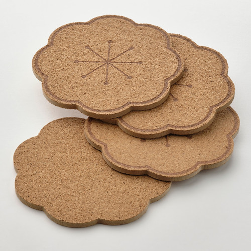 SVARTVIDE Coaster, cork/patterned, 10 cm, 4 pack