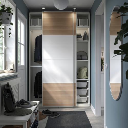 PAX / MEHAMN Wardrobe combination, white/double sided white stained oak effect, 150x44x236 cm