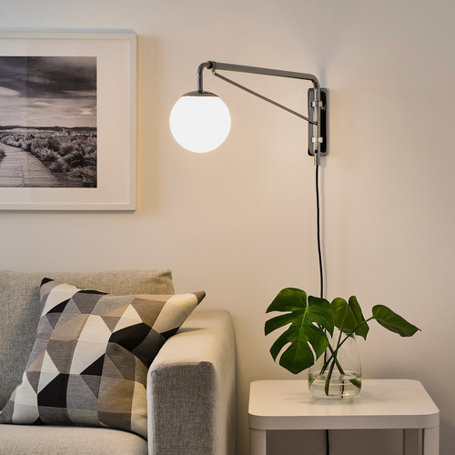 SIMRISHAMN Wall lamp with swing arm, chrome-plated/opal white glass