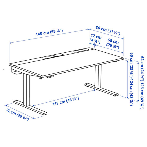 MITTZON Desk sit/stand, electric walnut veneer/white, 140x80 cm