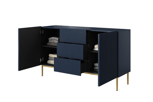 Cabinet with 2 Doors & 3 Drawers Nicole 150cm, dark blue/gold legs