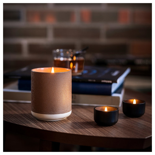 SILKESTRÄD Scented tealight, leather & vanilla/brown, 3.5 hr, 30 pack