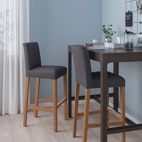 BERGMUND Bar stool with backrest, oak/Gunnared medium grey, 75 cm