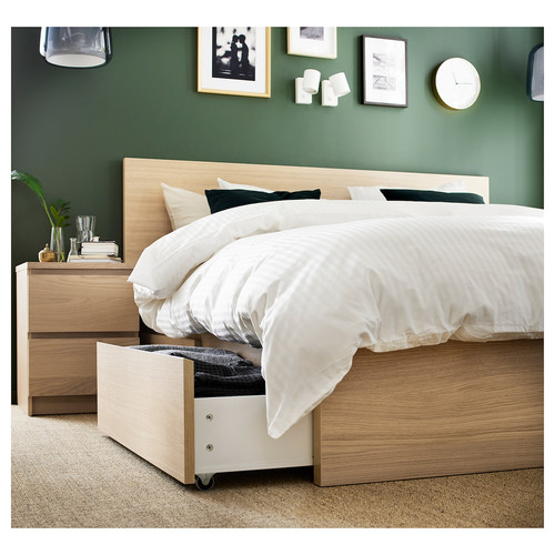 MALM Bed frame, high, w 4 storage boxes, white stained oak veneer, Leirsund, 180x200 cm