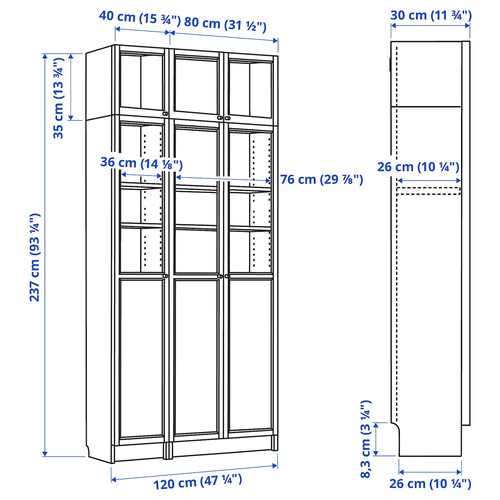 BILLY/OXBERG Bookcase w hght ext ut/pnl/glss drs, dark brown oak effect/clear glass, 120x30x237 cm