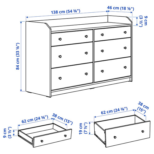 HAUGA Chest of 6 drawers, grey, 138x84 cm