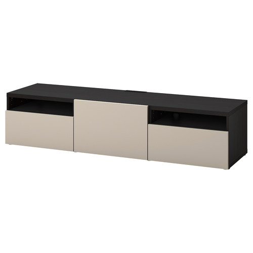 BESTÅ TV bench with drawers and door, black-brown/Lappviken light grey/beige, 180x42x39 cm