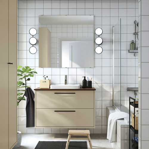 HAVBÄCK / ORRSJÖN Wash-stnd w drawers/wash-basin/tap, beige/brown walnut effect, 102x49x71 cm