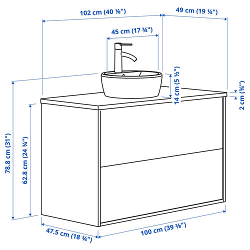 TÄNNFORSEN / TÖRNVIKEN Wash-stnd w drawers/wash-basin/tap, light grey/black marble effect, 102x49x79 cm