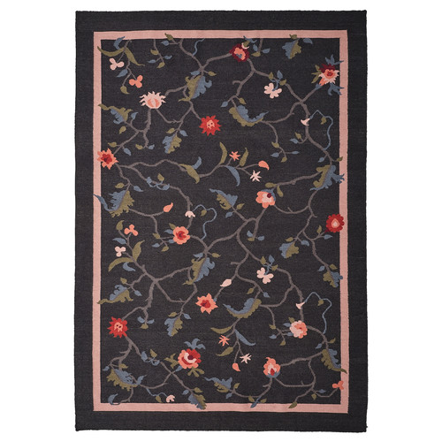 KLOCKBUSKE Rug, flatwoven, dark grey/flower, 160x230 cm