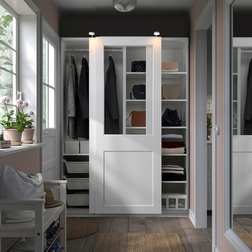 PAX / GRIMO Wardrobe combination, white/clear glass white, 150x66x201 cm