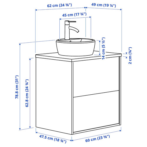 TÄNNFORSEN / TÖRNVIKEN Wash-stnd w drawers/wash-basin/tap, white/black marble effect, 62x49x79 cm