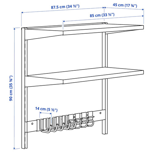 BROR Wall shelf combination, with hooks/2 shelves/black, 88x45x90 cm