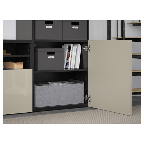 BESTÅ TV storage combination/glass doors, black-brown/Selsviken high-gloss/beige smoked glass, 300x42x231 cm