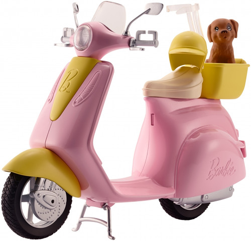 Barbie Pink & Yellow Scooter Moped With Puppy & Helmet FRP56 3+