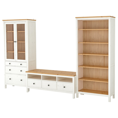 HEMNES TV storage combination, white stain, light brown, clear glass, 326x197 cm