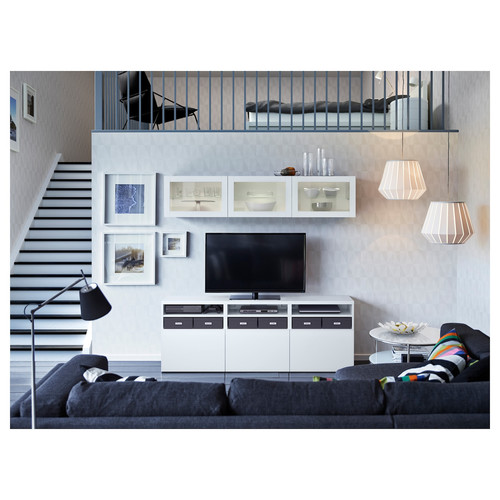 BESTÅ TV storage combination/glass doors, white/Lappviken white clear glass, 180x42x192 cm