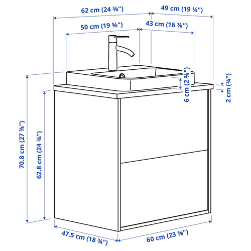 ÄNGSJÖN / BACKSJÖN Wash-stnd w drawers/wash-basin/tap, brown oak effect/white marble effect, 62x49x71 cm