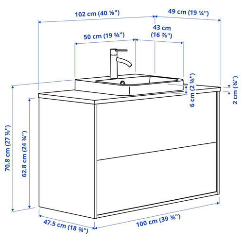 ÄNGSJÖN / BACKSJÖN Wash-stnd w drawers/wash-basin/tap, oak effect/white marble effect, 102x49x71 cm