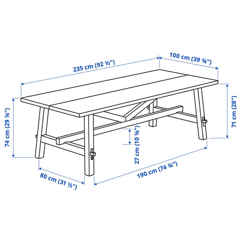 SKOGSTA / BERGMUND Table and 6 chairs, acacia/Kvillsfors dark blue/blue black, 235x100 cm