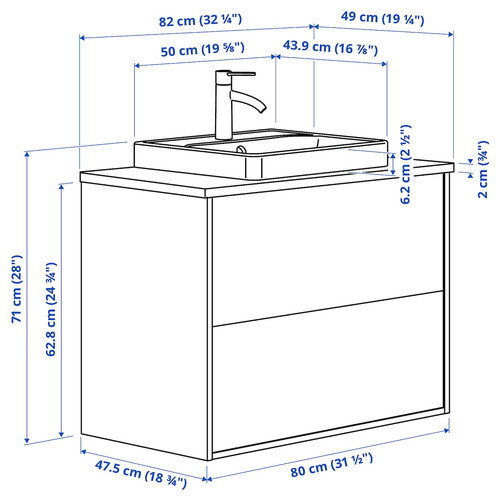 HAVBÄCK / ORRSJÖN Wash-stnd w drawers/wash-basin/tap, dark grey/brown walnut effect, 82x49x71 cm