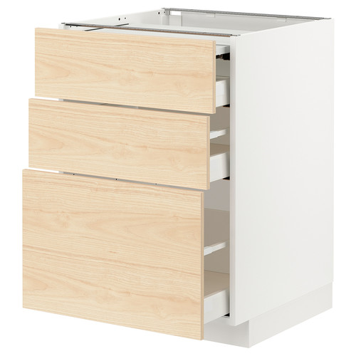 METOD / MAXIMERA Bc w pull-out work surface/3drw, white/Askersund light ash effect, 60x60 cm