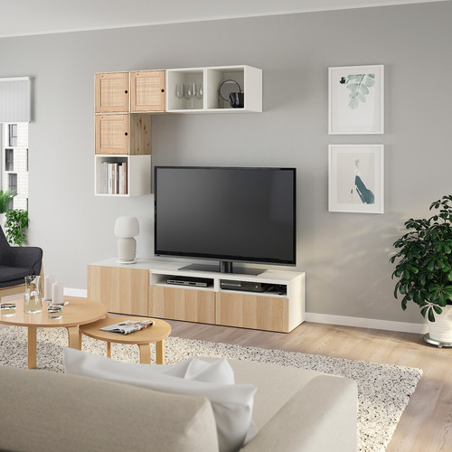 BESTÅ / EKET Cabinet combination for TV, white/pine, 180x42x170 cm