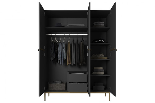 Wardrobe Nicole with Drawer Unit 150 cm, matt black, gold handles and legs