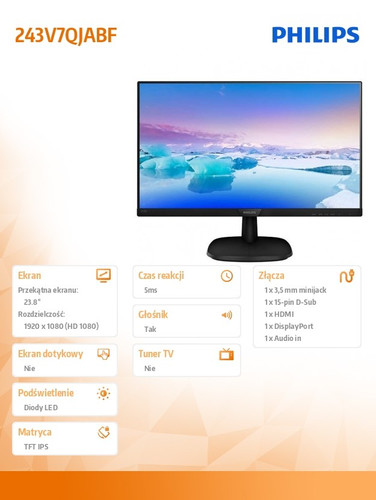 Philips 24" Full HD LCD Monitor 243V7QJABF IPS HDMI DP Speakers