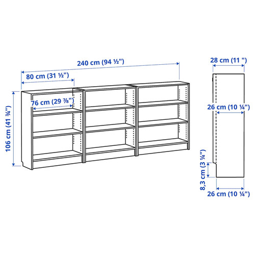 BILLY Bookcase combination, dark brown oak effect, 240x28x106 cm