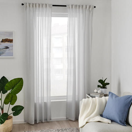 BYMOTT Curtains, 1 pair, white/light grey striped, 120x250 cm