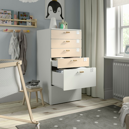 SMÅSTAD / PLATSA Chest of 6 drawers, white birch/blue, 60x57x123 cm