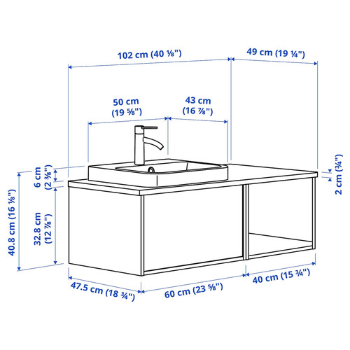 ÄNGSJÖN / BACKSJÖN Wash-stand/wash-basin/tap, oak effect/white marble effect, 102x49x41 cm