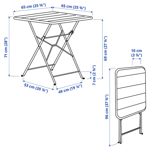 SUNDSÖ Table and 2 folding chairs, outdoor bright yellow/bright yellow Kuddarna light grey-beige, 65x65 cm