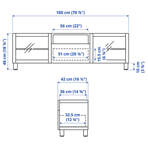 BESTÅ TV bench, white/Hanviken/Stubbarp white clear glass, 180x42x48 cm