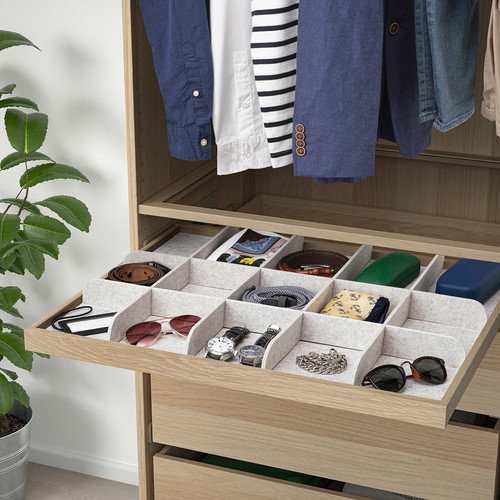 KOMPLEMENT Pull-out tray with divider, white stained oak effect, light grey, 75x58 cm