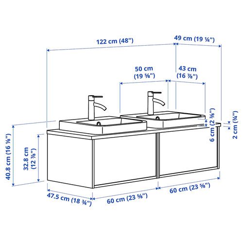 ÄNGSJÖN / BACKSJÖN Wash-stand/wash-basins/taps, high-gloss white/grey stone effect, 122x49x41 cm