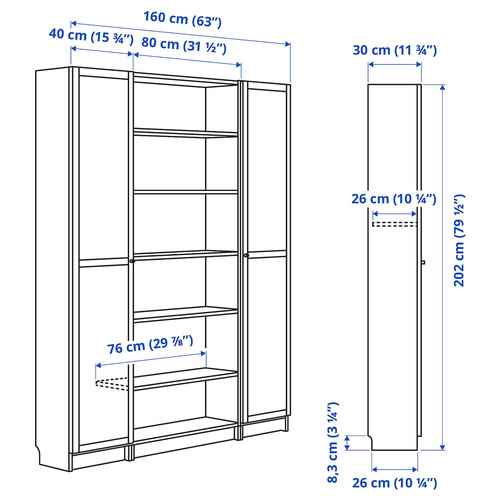 BILLY / OXBERG Bookcase comb w glass doors, oak effect, 160x202 cm