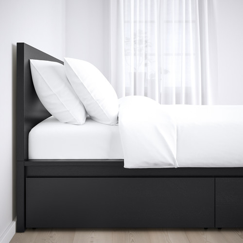 MALM Bed frame, high, w 2 storage boxes, black-brown, Leirsund, 90x200 cm