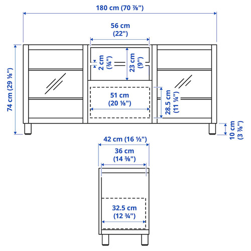 BESTÅ TV bench with drawers, white/Hanviken/Stubbarp white clear glass, 180x42x74 cm