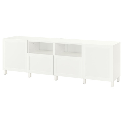 BESTÅ TV bench with doors and drawers, white/Hanviken/Stubbarp white, 240x42x74 cm