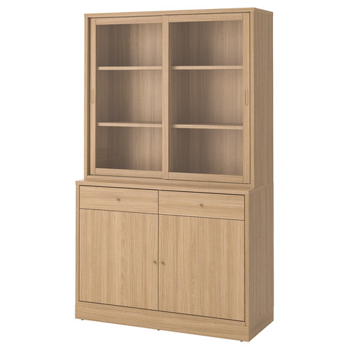 TONSTAD Storage comb w sliding glass doors, oak veneer/clear glass, 121x47x201 cm