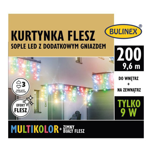 Christmas Curtain Lights In-/Outdoor 100 LED 9.6m, icicles, multicolour/cool white flash