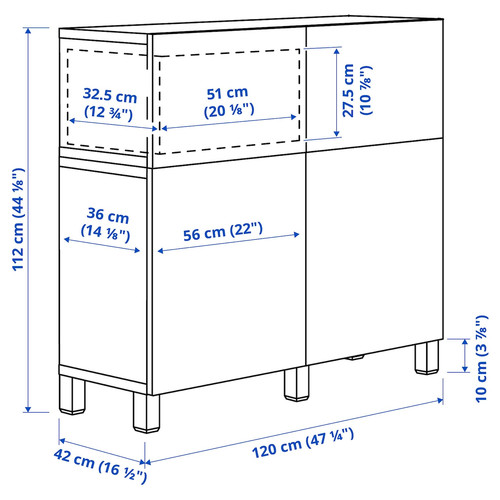 BESTÅ Storage combination w doors/drawers, white/Lappviken/Stubbarp white, 120x42x112 cm